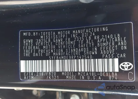 2024 Toyota Corolla Le из США, поврежденный, VIN 5YFB4MDE9RP142540